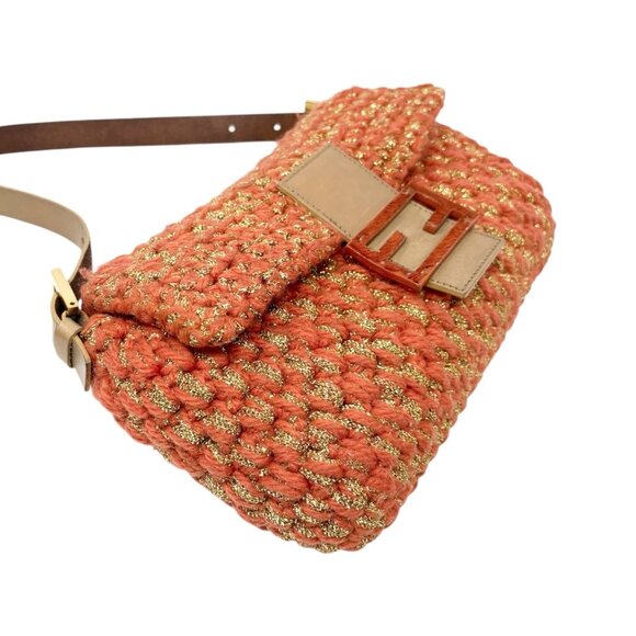 FENDI Vintage FF Mamma Baguette Wool Knit Shoulder Bag Glitter Orange [106267] - Picture 7 of 14